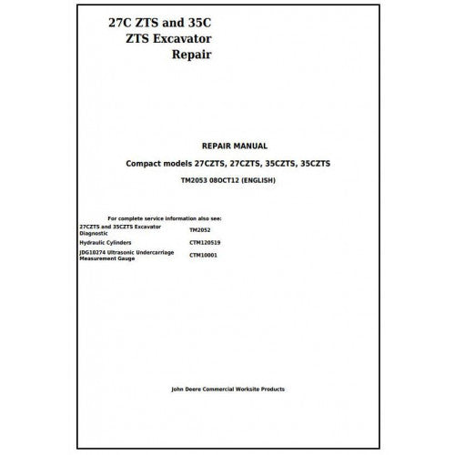 John Deere 27CZTS and 35CZTS Compact Excavator Pdf Technical Repair Service Manual TM2053