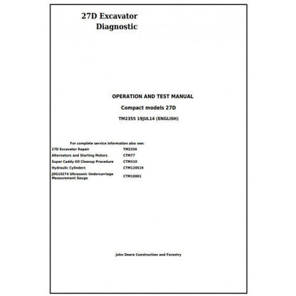 John Deere 27D Compact Excavator Pdf Diagnostic, Operation and Tests Service Manual TM2355