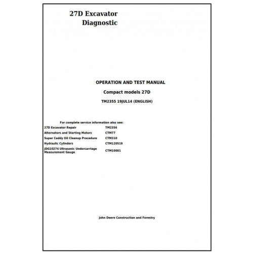 John Deere 27D Compact Excavator Pdf Diagnostic, Operation and Tests Service Manual TM2355