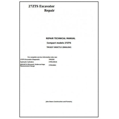 John Deere 27ZTS Compact Excavator Pdf Technical Repair Service Manual TM1837