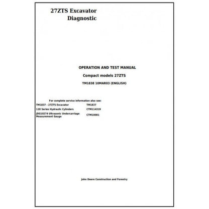 John Deere 27ZTS Diagnostic Compact Excavator Pdf Diagnostic, Operation and Tests Service Manual TM1838