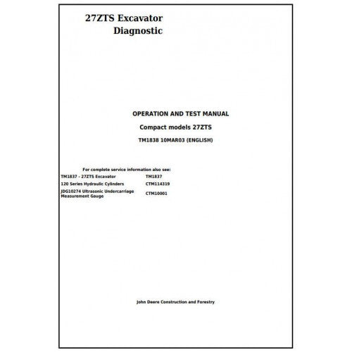 John Deere 27ZTS Diagnostic Compact Excavator Pdf Diagnostic, Operation and Tests Service Manual TM1838