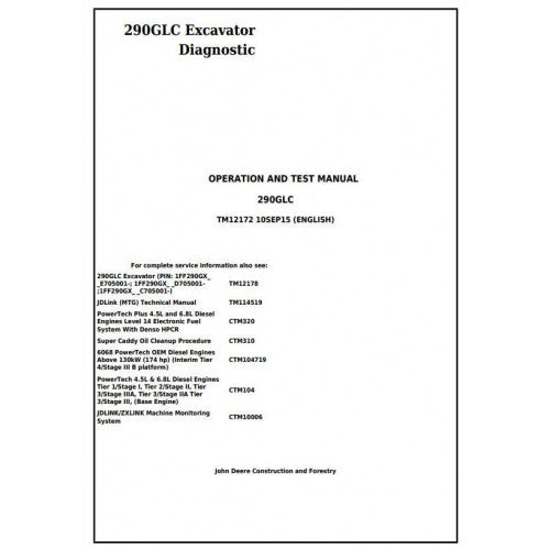 John Deere 290GLC Excavator Pdf Diagnostic, Operation and Tests Service Manual TM12172