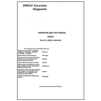 John Deere 290GLC Excavator Pdf Diagnostic, Operation and Tests Service Manual TM12172