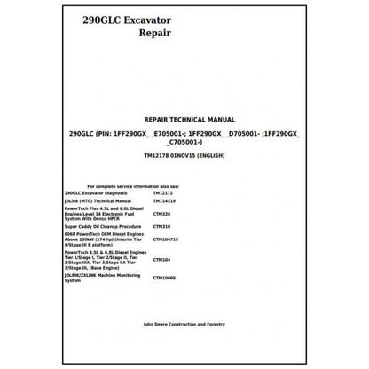 John Deere 290GLC Excavator Pdf Technical Repair Service Manual TM12178