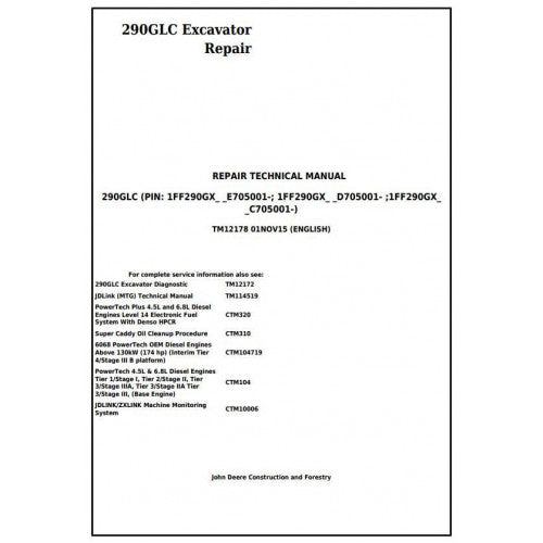 John Deere 290GLC Excavator Pdf Technical Repair Service Manual TM12178