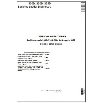 John Deere 300D, 310D Backhoe 315D Side Shift Loader Pdf Diagnostic, Operation and Tests Service Manual TM1496