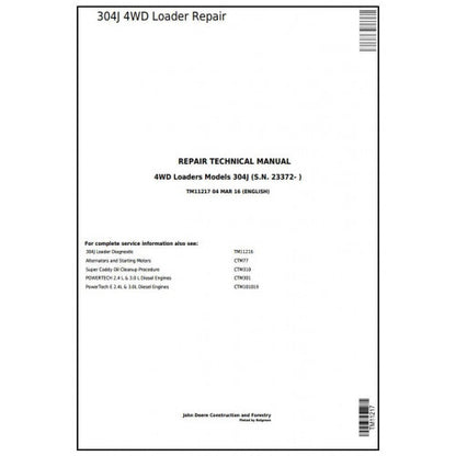 John Deere 304J 4WD Loader Pdf Technical Repair Service Manual TM11217