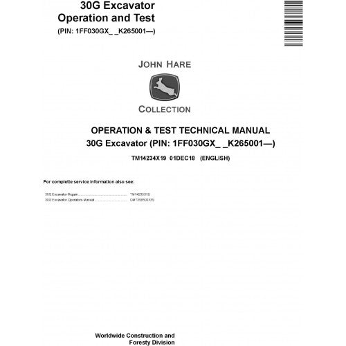 John Deere 30G Excavator Pdf Diagnostic, Operation and Tests Service Manual TM14234X19