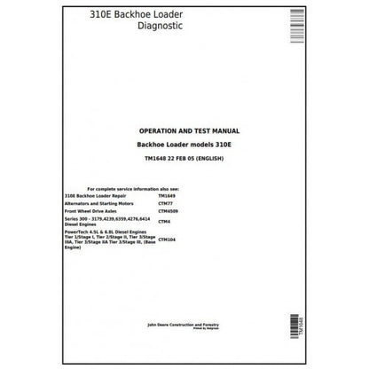 John Deere 310E Backhoe Loader Pdf Diagnostic, Operation and Tests Service Manual TM1648