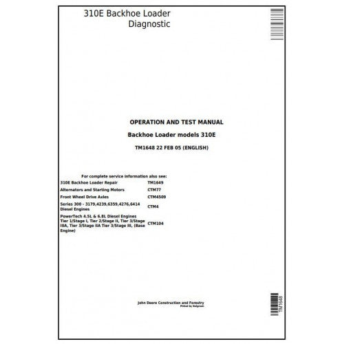 John Deere 310E Backhoe Loader Pdf Diagnostic, Operation and Tests Service Manual TM1648