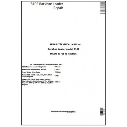 John Deere 310E Backhoe Loader Pdf Technical Repair Service Manual TM1649