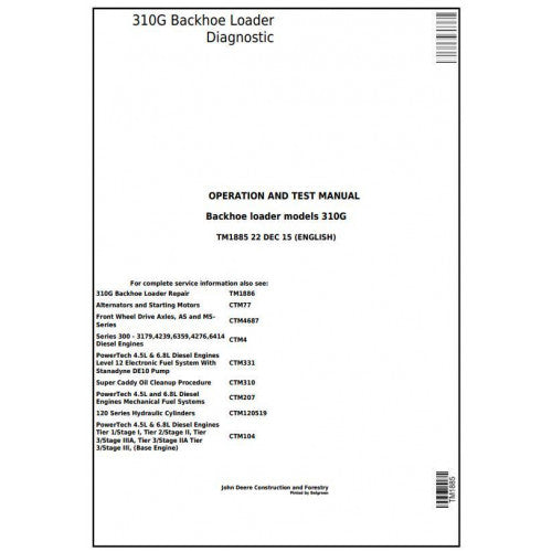 John Deere 310G Backhoe Loader Pdf Diagnostic, Operation and Tests Service Manual TM1885