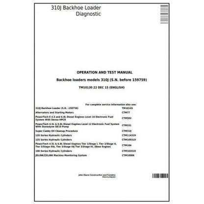 John Deere 310J Backhoe Loader Pdf Diagnostic, Operation and Tests Service Manual TM10130