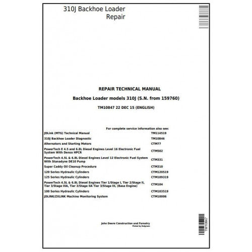 John Deere 310J Backhoe Loader Pdf Technical Repair Service Manual TM10847