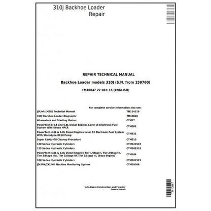 John Deere 310J Backhoe Loader Pdf Technical Repair Service Manual TM10847