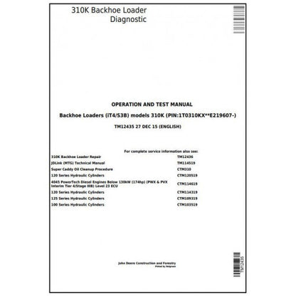 John Deere 310K Backhoe Loader Pdf Diagnostic, Operation and Tests Service Manual TM12435