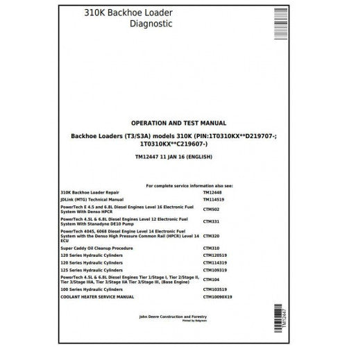 John Deere 310K Backhoe Loader Pdf Diagnostic, Operation and Tests Service Manual TM12447