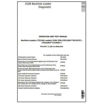 John Deere 310K Backhoe Loader Pdf Diagnostic, Operation and Tests Service Manual TM12447
