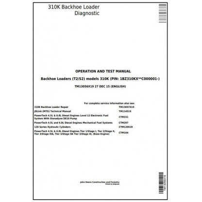 John Deere 310K Backhoe Loader Pdf Diagnostic, Operation and Tests Service Manual TM13056X19