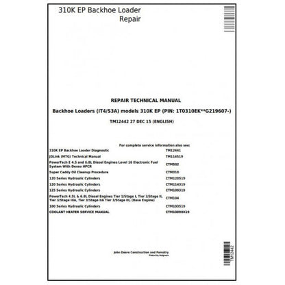 John Deere 310K EP Backhoe Loader Pdf Technical Repair Service Manual TM12442