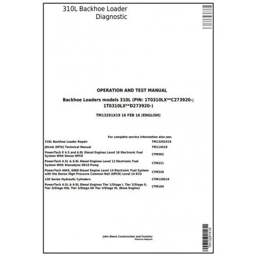 John Deere 310L Backhoe Loader Pdf Diagnostic, Operation and Tests Service Manual TM13291X19