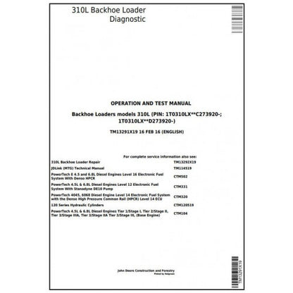 John Deere 310L Backhoe Loader Pdf Diagnostic, Operation and Tests Service Manual TM13291X19