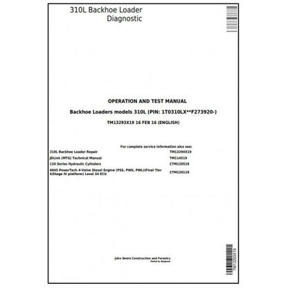 John Deere 310L Backhoe Loader Pdf Diagnostic, Operation and Tests Service Manual TM13293X19