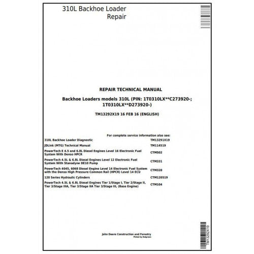 John Deere 310L Backhoe Loader Pdf Technical Repair Service Manual TM13292X19