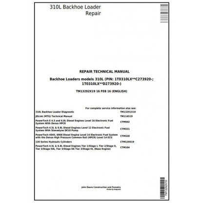John Deere 310L Backhoe Loader Pdf Technical Repair Service Manual TM13292X19