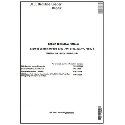 John Deere 310L Backhoe Loader Pdf Technical Repair Service Manual TM13294X19