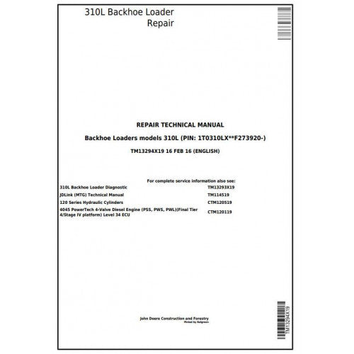 John Deere 310L Backhoe Loader Pdf Technical Repair Service Manual TM13294X19
