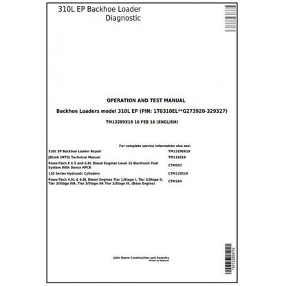 John Deere 310L EP Backhoe Loader Pdf Diagnostic, Operation and Tests Service Manual TM13289X19