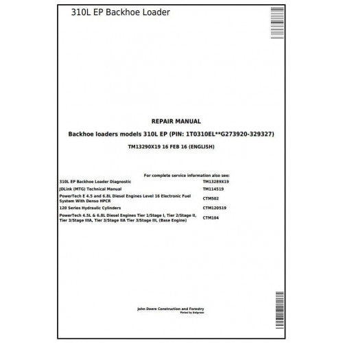 John Deere 310L EP Backhoe Loader Pdf Technical Repair Service Manual TM13290X19