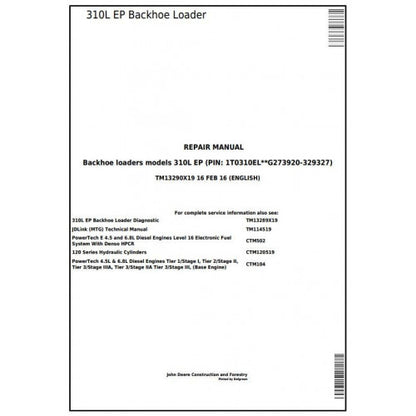 John Deere 310L EP Backhoe Loader Pdf Technical Repair Service Manual TM13290X19