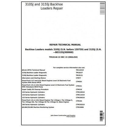 John Deere 310SJ, 315SJ Backhoe Loader Pdf Technical Repair Service Manual TM10146