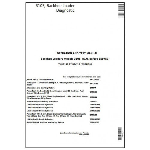 John Deere 310SJ Backhoe Loader Pdf Diagnostic, Operation and Tests Service Manual TM10131