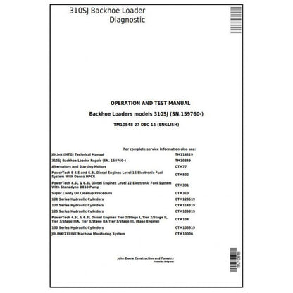 John Deere 310SJ Backhoe Loader Pdf Diagnostic, Operation and Tests Service Manual TM10848