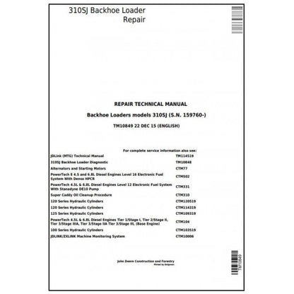 John Deere 310SJ Backhoe Loader Pdf Technical Repair Service Manual TM10849