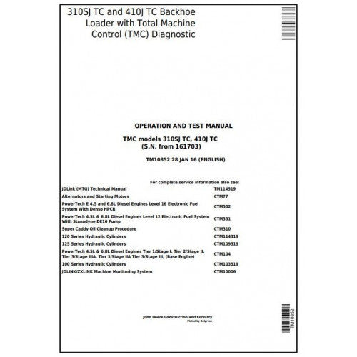 John Deere 310SJ TC, 410J TC Backhoe Loader Pdf Diagnostic, Operation and Tests Service Manual TM10852