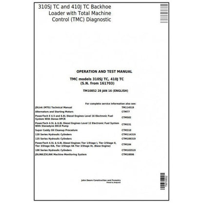 John Deere 310SJ TC, 410J TC Backhoe Loader Pdf Diagnostic, Operation and Tests Service Manual TM10852