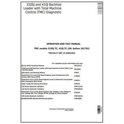 John Deere 310SJ TC, 410J TC Backhoe Loader Pdf Diagnostic, Operation and Tests Service Manual TM2318