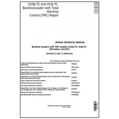 John Deere 310SJ TC, 410J TC Backhoe Loader Pdf Technical Repair Service Manual TM10282
