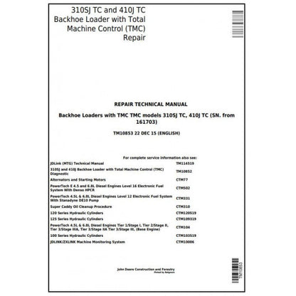 John Deere 310SJ TC, 410J TC Backhoe Loader Pdf Technical Repair Service Manual TM10853