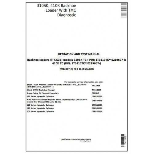 John Deere 310SK, 410K Backhoe Loader Pdf Diagnostic, Operation and Tests Service Manual TM12487