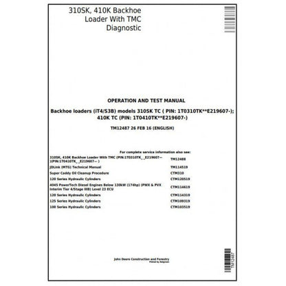 John Deere 310SK, 410K Backhoe Loader Pdf Diagnostic, Operation and Tests Service Manual TM12487