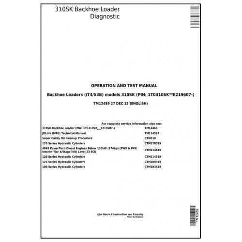 John Deere 310SK Backhoe Loader Pdf Diagnostic, Operation and Tests Service Manual TM12459