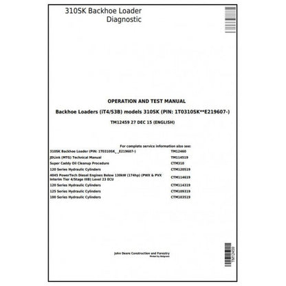 John Deere 310SK Backhoe Loader Pdf Diagnostic, Operation and Tests Service Manual TM12459