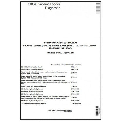 John Deere 310SK Backhoe Loader Pdf Diagnostic, Operation and Tests Service Manual TM12465