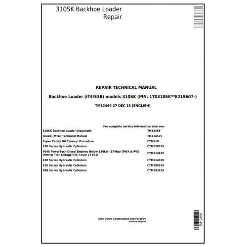 John Deere 310SK Backhoe Loader Pdf Technical Repair Service Manual TM12460